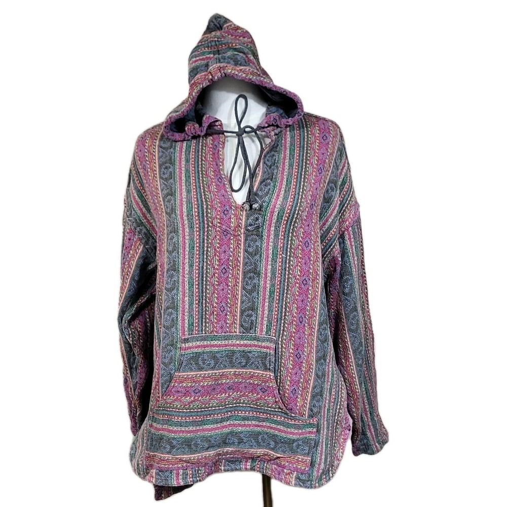 Vtg Paragraff Hoodie Medium Multicolor Striped Baja Boho Kangaroo Pocket Hippie
